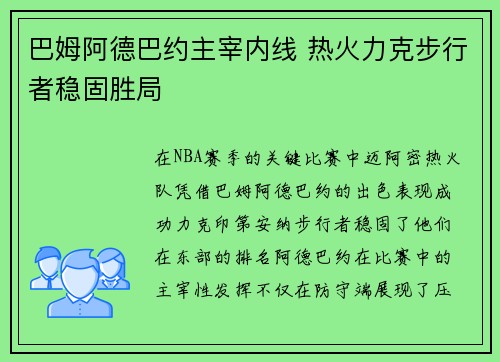 巴姆阿德巴约主宰内线 热火力克步行者稳固胜局