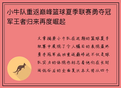 小牛队重返巅峰篮球夏季联赛勇夺冠军王者归来再度崛起
