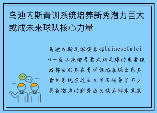 乌迪内斯青训系统培养新秀潜力巨大或成未来球队核心力量