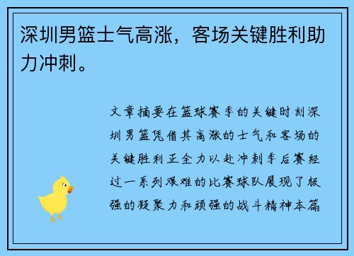 深圳男篮士气高涨，客场关键胜利助力冲刺。